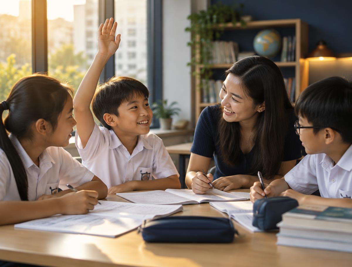 A MindPath mentor guiding three Singapore primary school students around a study table